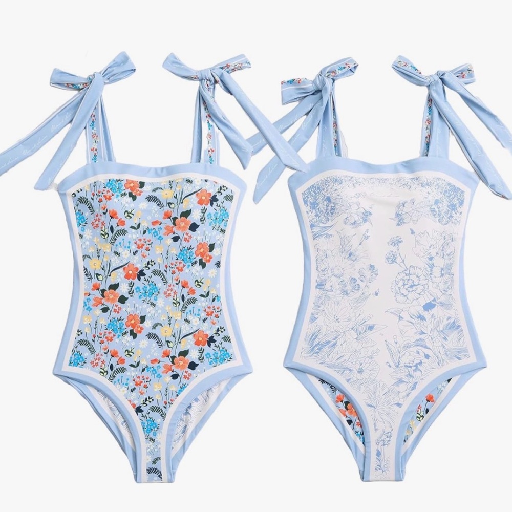 💙Reversible Floral and Blue One-Piece Swimsuit. EUC.